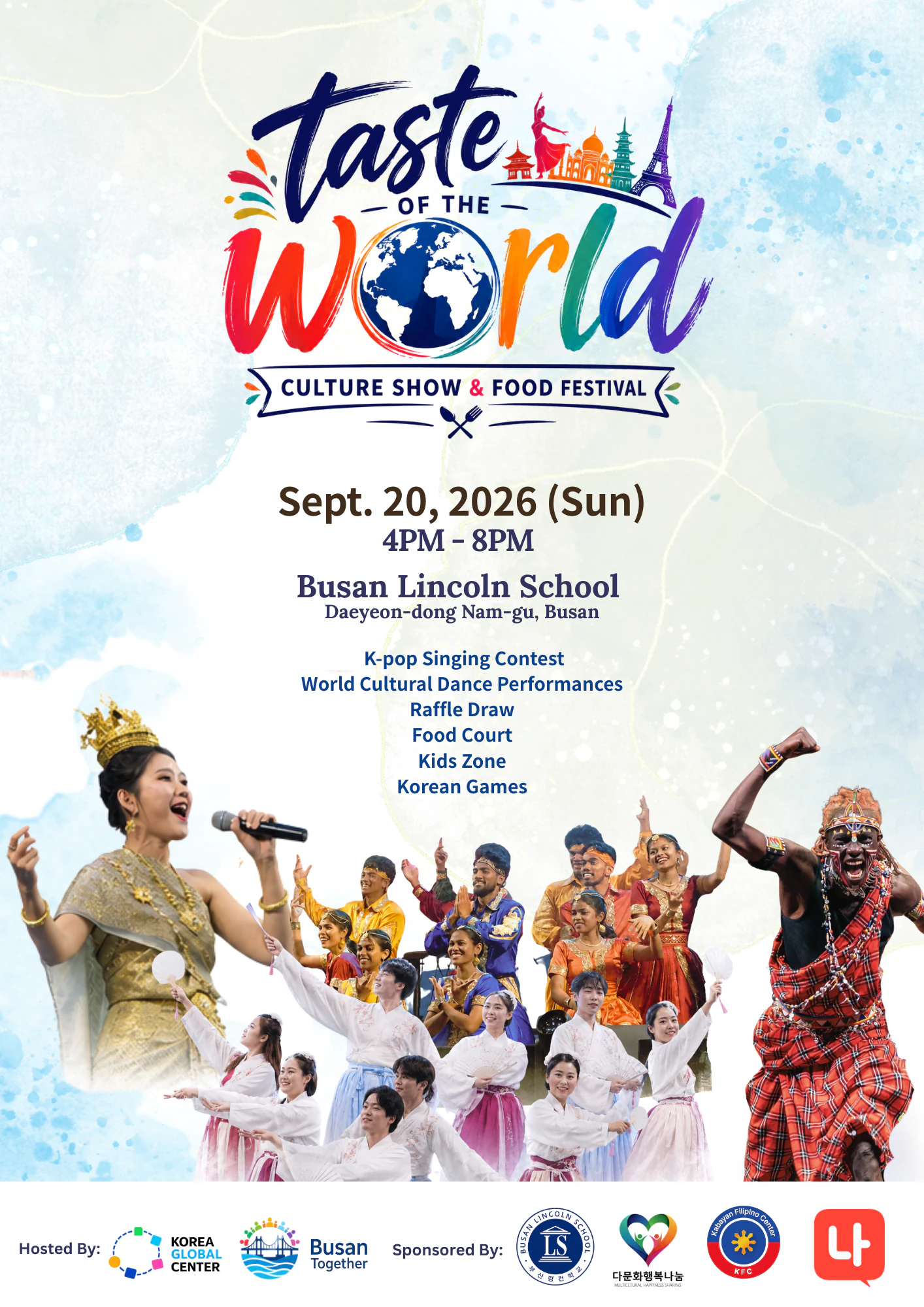 Official poster for the 2026 Busan Global Chuseok Festival — Taste of the World, Sun, Sep 20, 2026 at Busan Lincoln School: K-POP singing contest, world cultural dance, K-POP dance, raffle draw and food court.